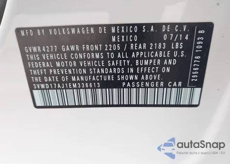 2014 Volkswagen Jetta 1.8T Se z USA, uszkodzony, nr VIN 3VWD17AJ1EM336613